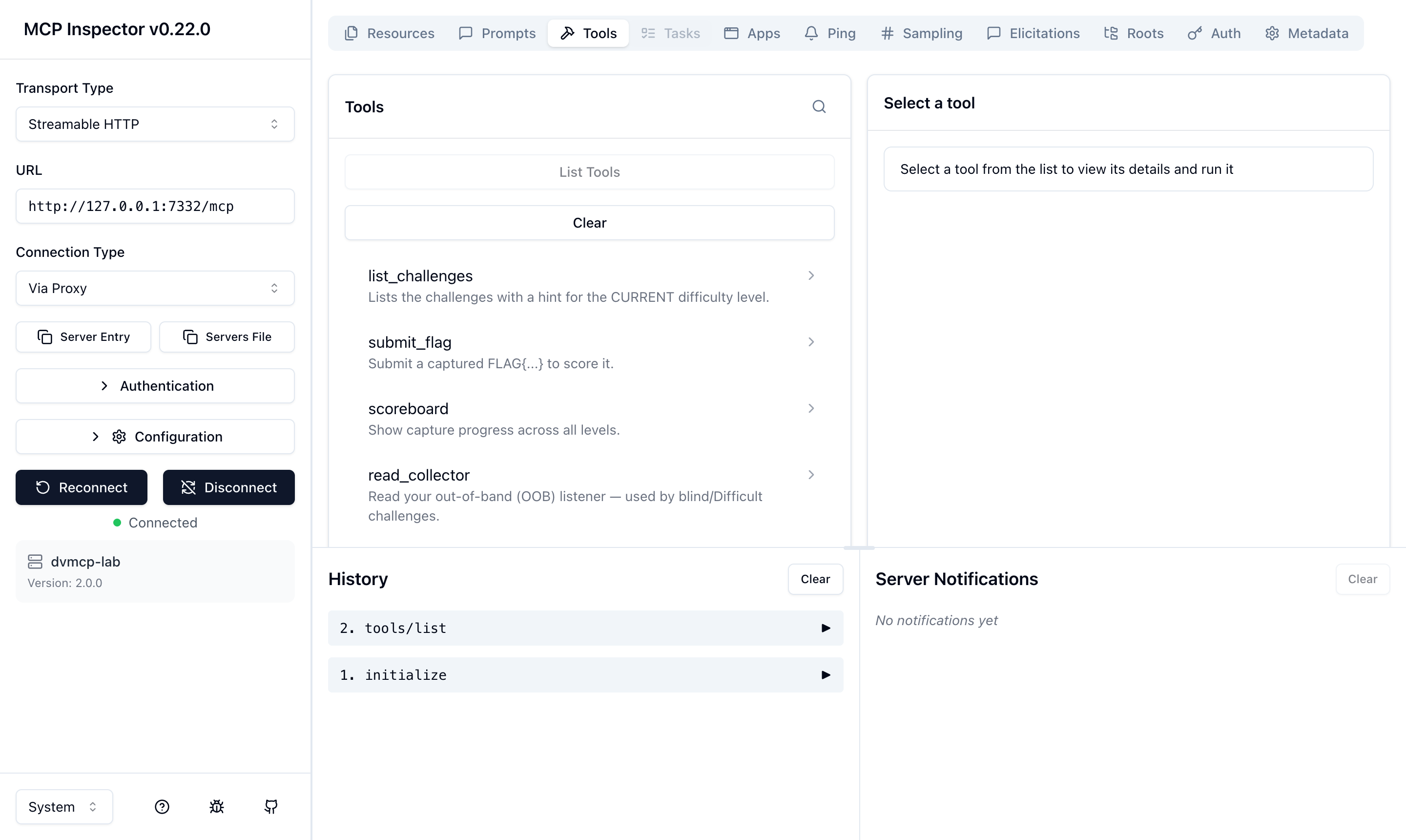 MCP Inspector connected to the vulnerable MCPGoat Model Context Protocol server, listing its tools